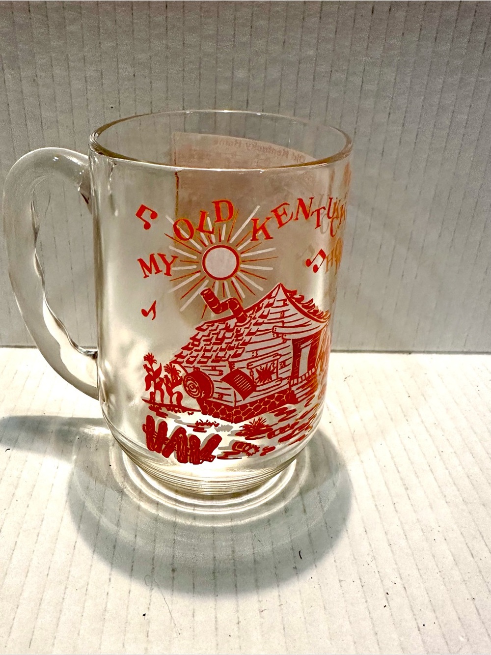 Vintage 1950 Clear Glass Mug with Cabin Graphic “ My old Kentucky Home” 5”